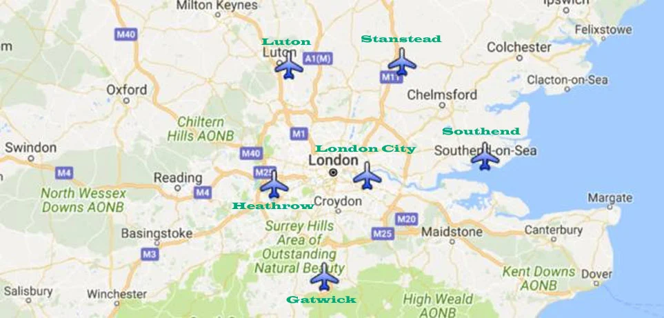 Map of six main London Airports